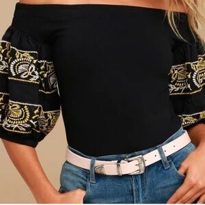 Black cotton blouse‎ with gold embroidered sleeves size S